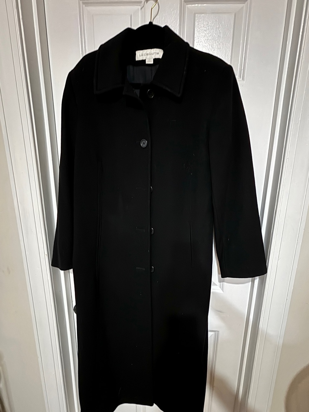Vintage Liz Claiborne Black Long Button-Front Wool Trench Coat